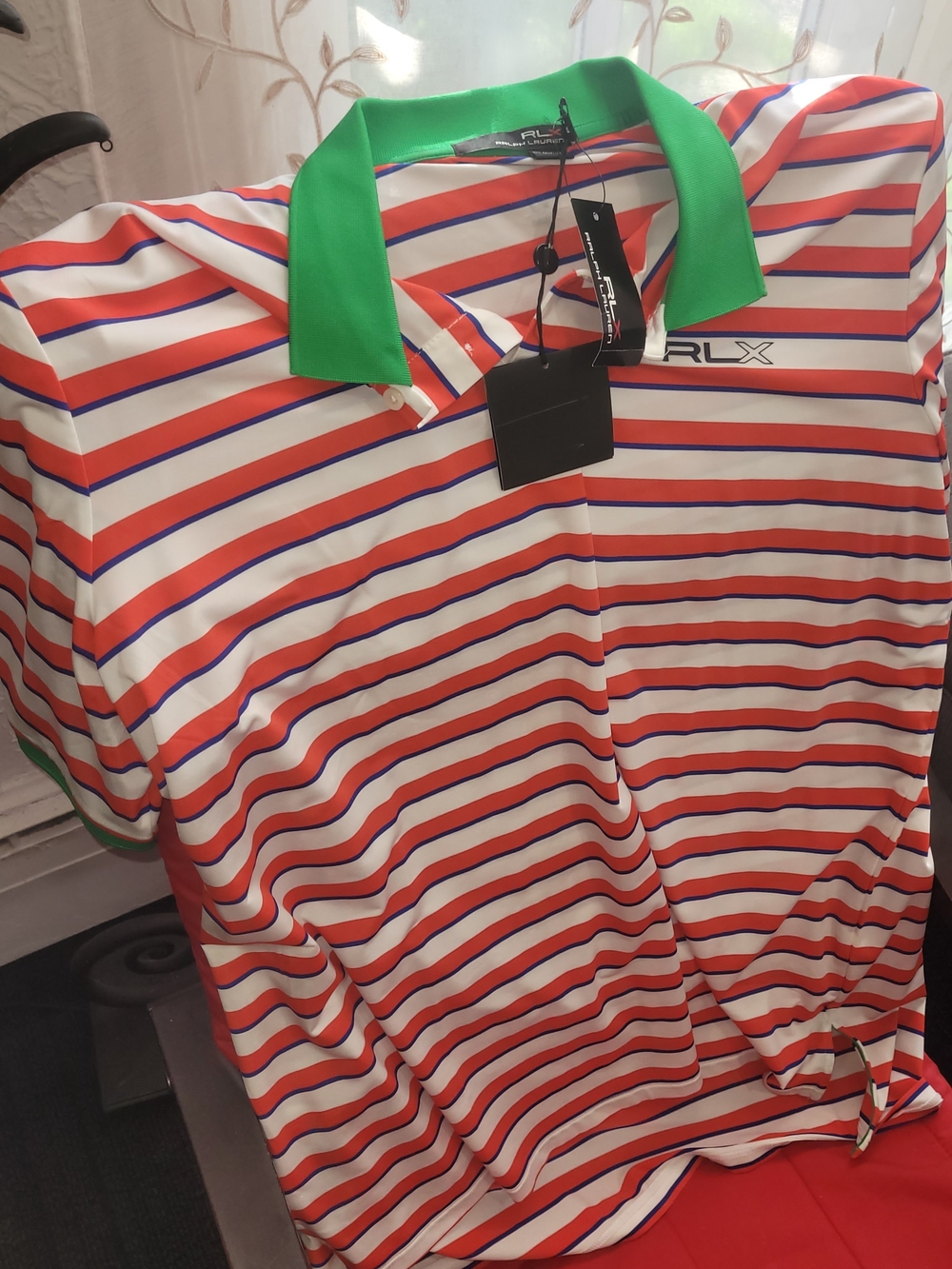 RLX Ralph Lauren Red, White & Blue Striped Polo with Green Collar